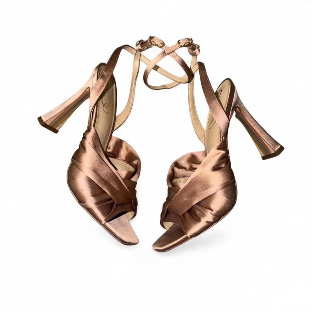 Sam Edelman Size 7.5 Satin Block Heel Ankle Strap Sandals Bronze Rose Gold
